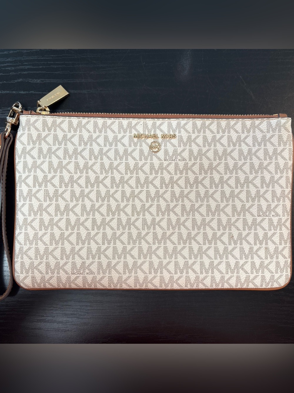Michael Kors Cream & Brown MK Jet Set Signature Wristlet Clutch